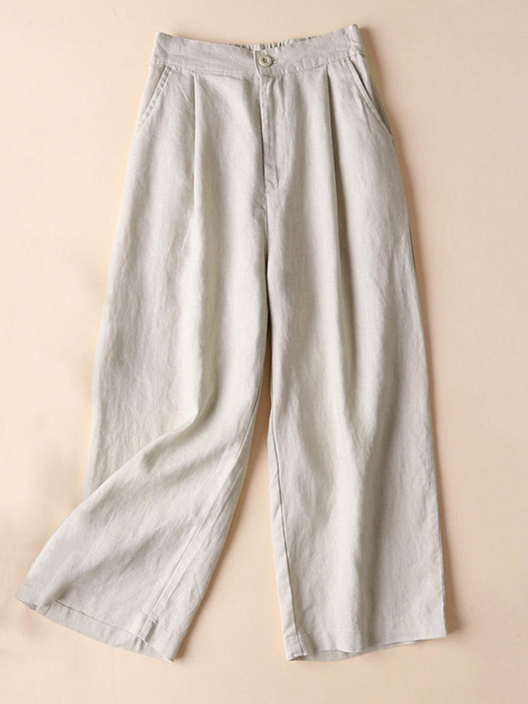 Casual Women Cotton Linen Solid Color Pants