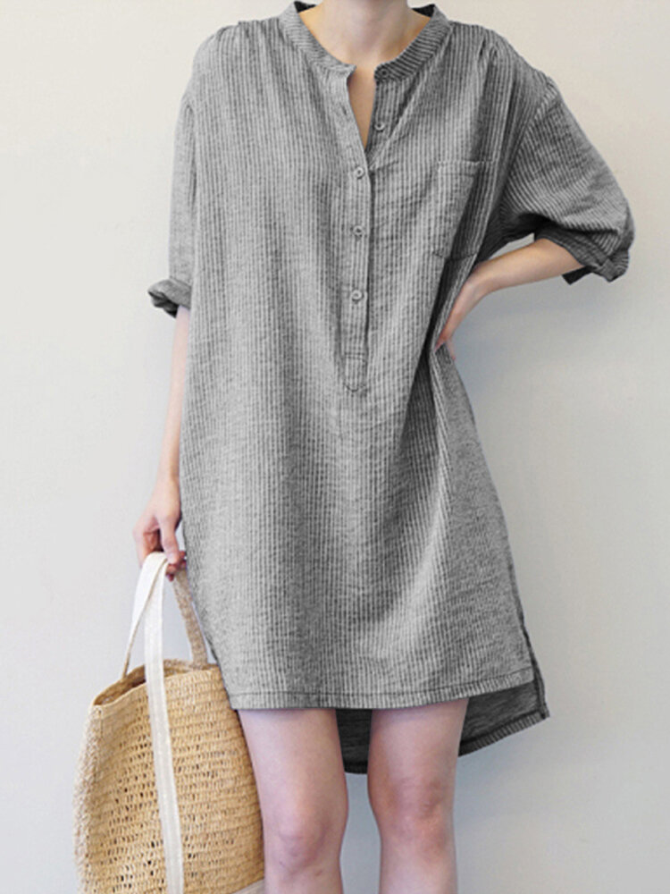 Women Vintage Striped Button Long Sleeve Shirt Mini Dress