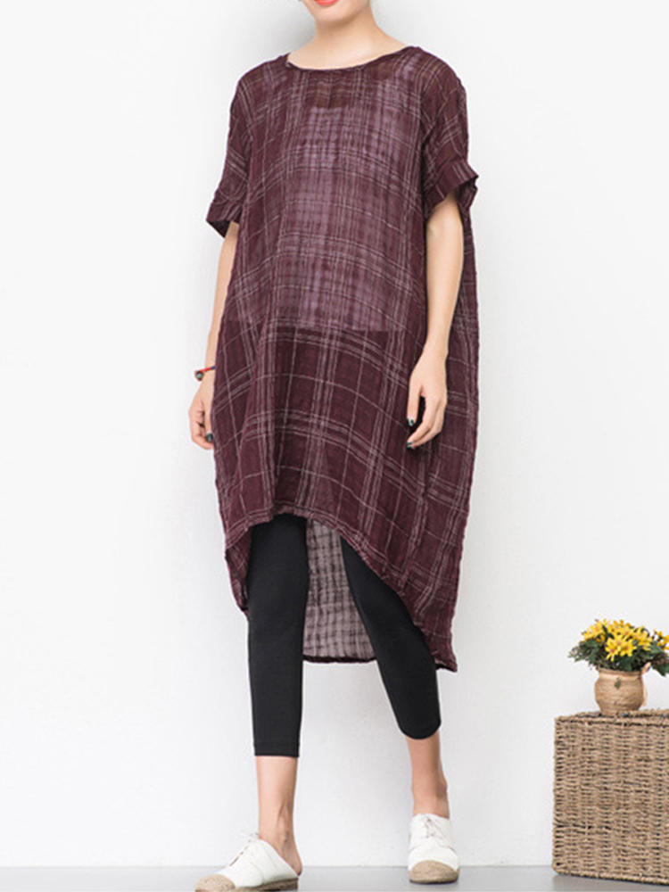 Women Vintage Check Short Sleeve Loose Baggy Blouse