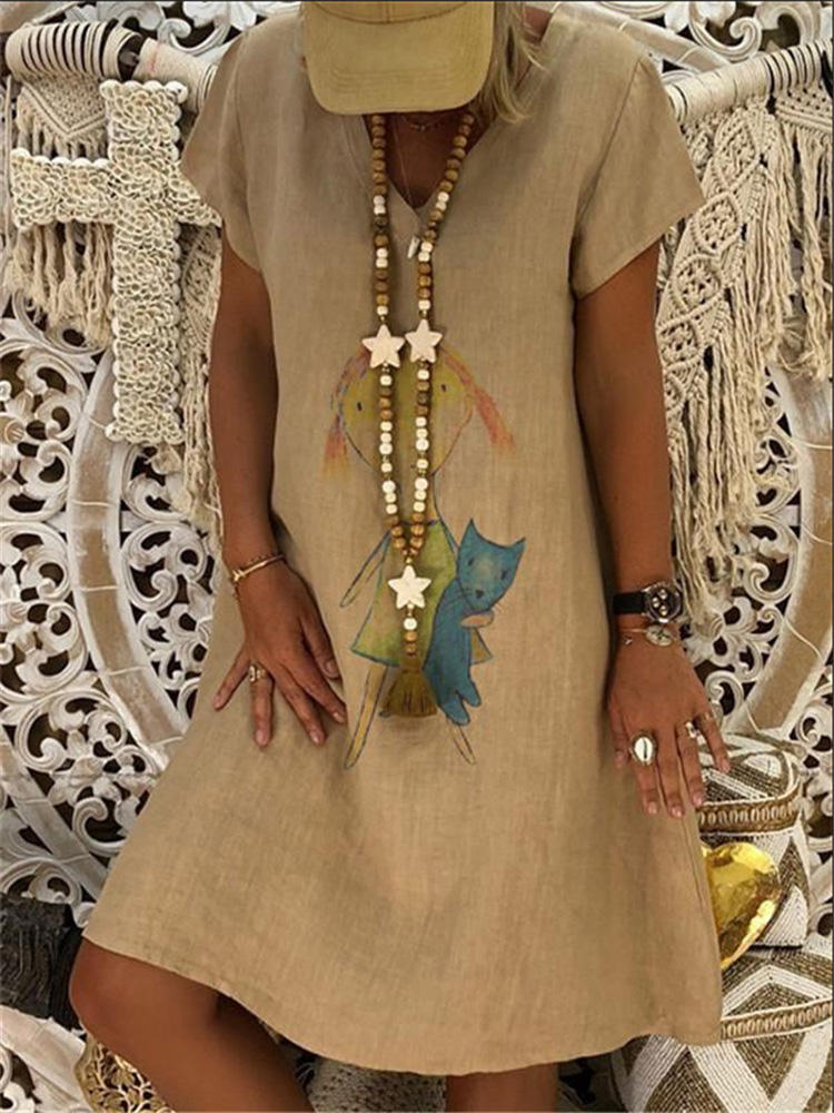 Women Short Sleeve O-neck Cartoon Print Casual Dress