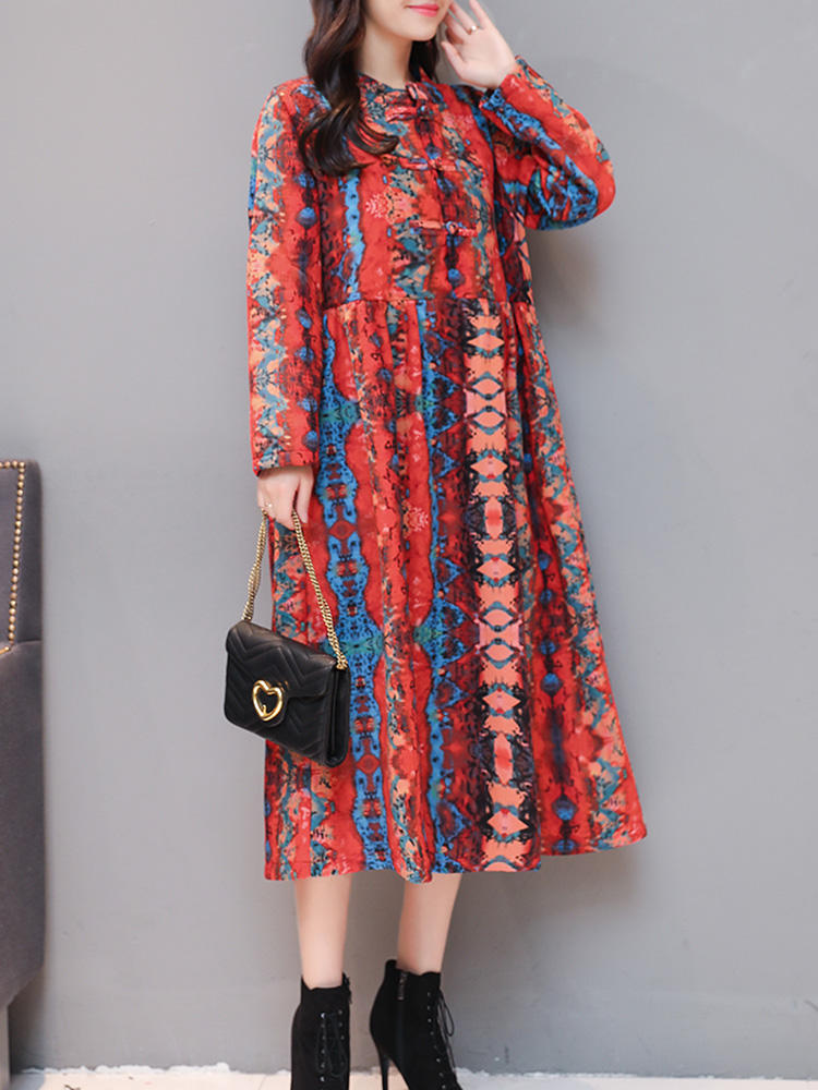 Folk Style Floral Print Plate Buckle Long Sleeve Vintage Dress