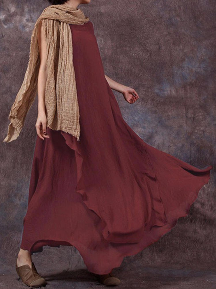 Women Sleeveless Solid Color O-neck Long Maxi Dress