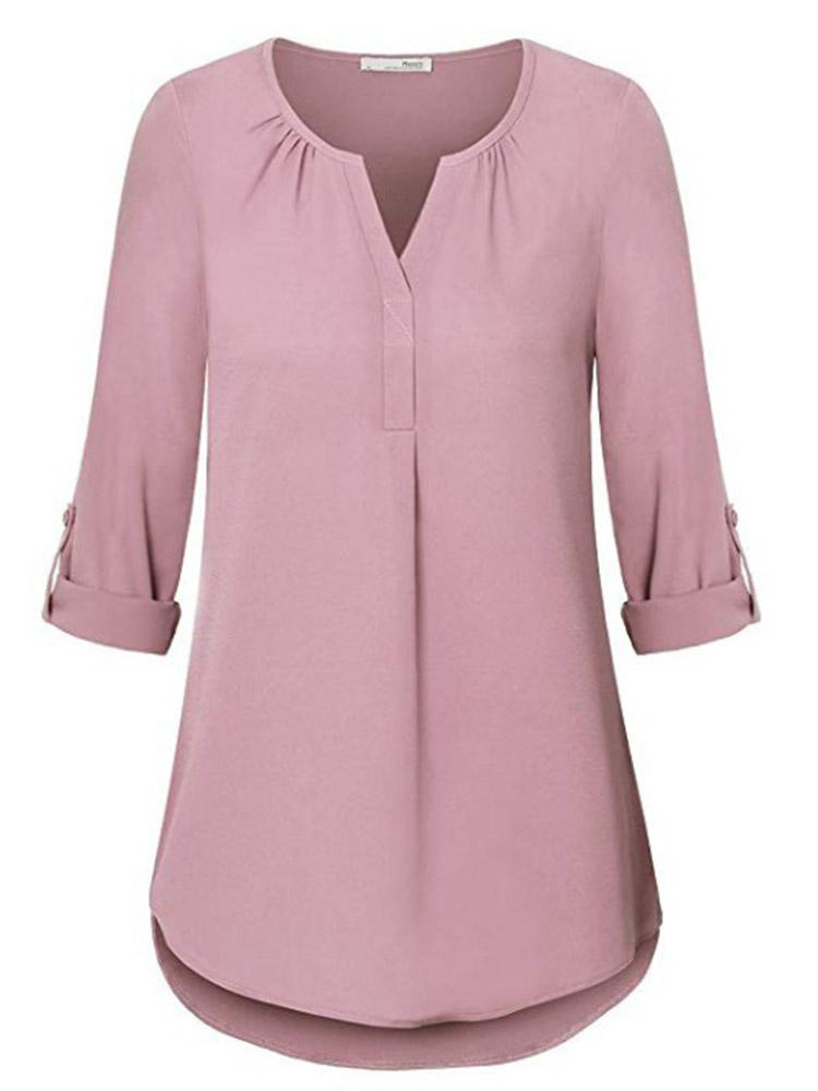 Women Casual V-Neck Adjustable Sleeve Blouse