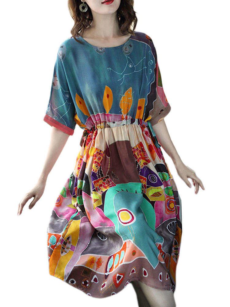 Women Casual Print Short Sleeve O-Neck Dress