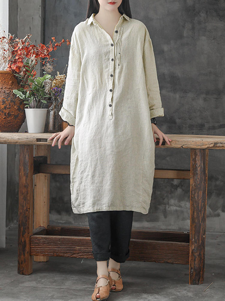 Women Solid Color Lapel Buttons Linen Cotton Long Shirt Dress