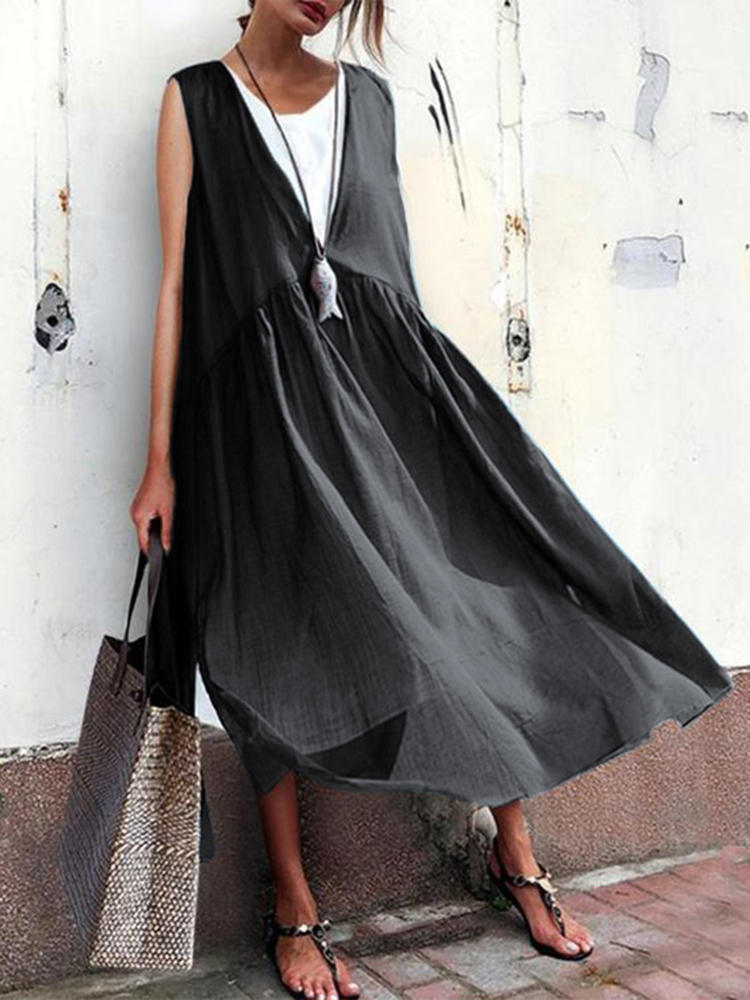 Women Casual Pure Color Cotton Loose Sleeveless Dress
