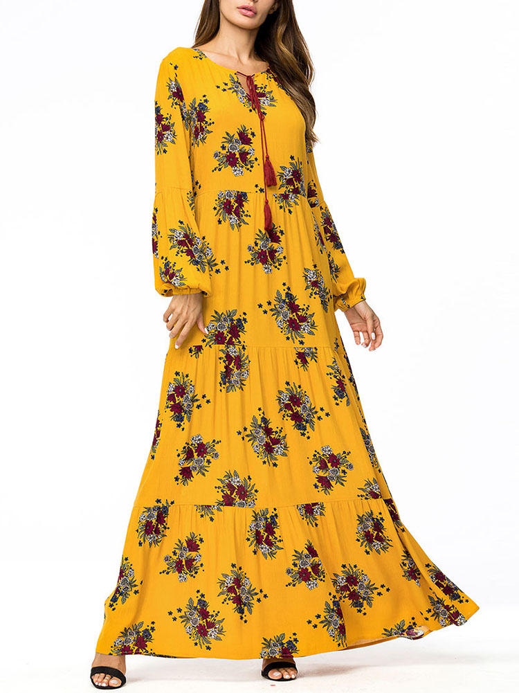 Women Floral Print Loose Long Sleeve Maxi Dress