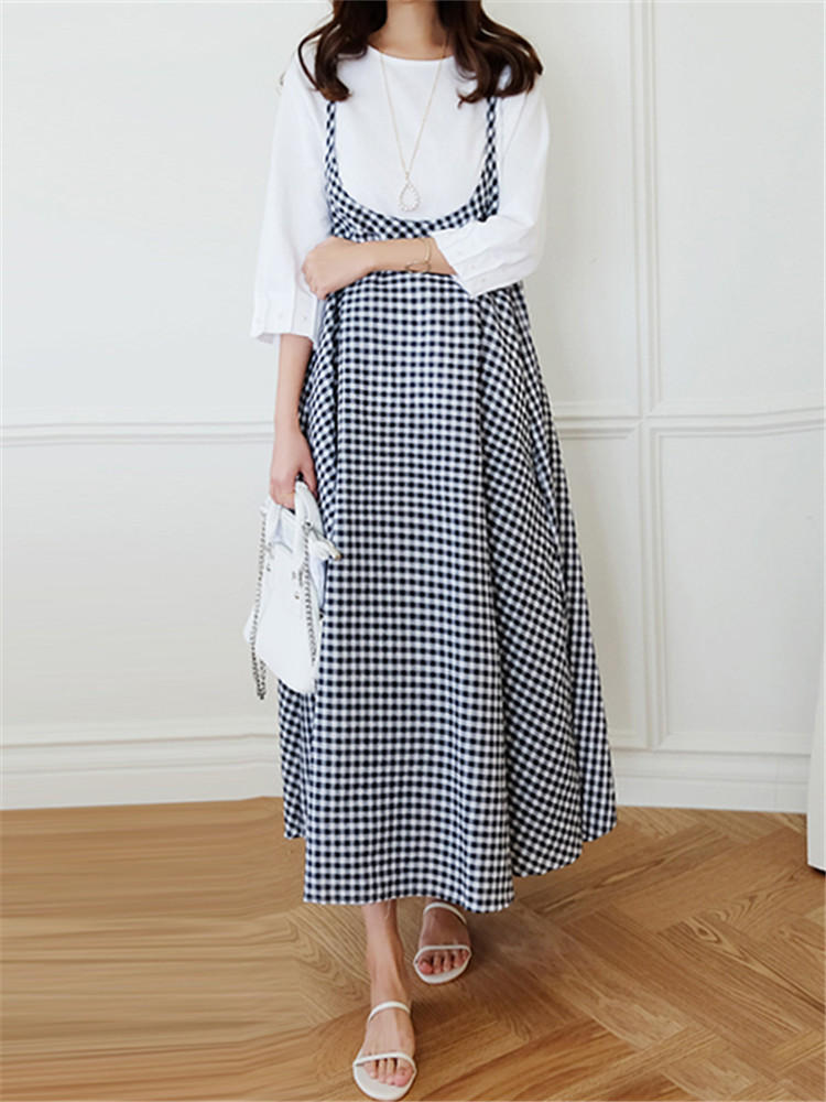 Women Vintage Print Plaid Sling Loose Casual Dress