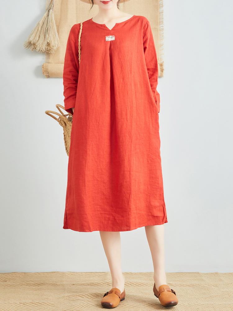 Women Pure Color Cotton Linen V-Neck Long Sleeve Dress with Pock