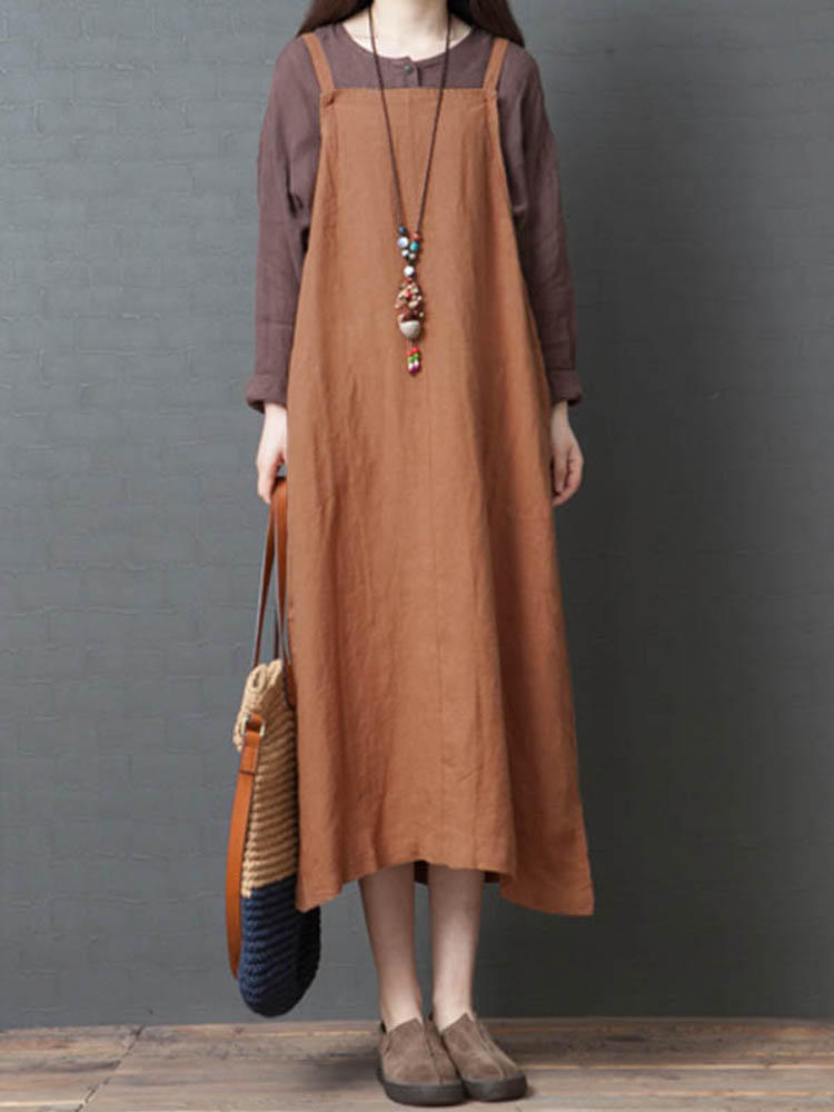 Women Solid Color Sleeveless Strappy Cotton Dress