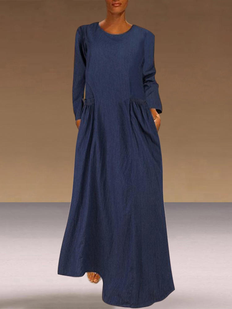 Women Long Sleeve O-neck Denim Causal Maxi Dress