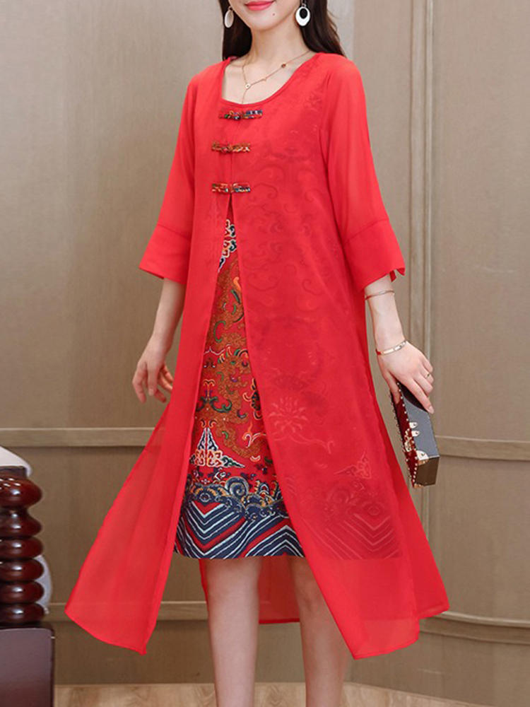 Women Vintage Retro Two-Piece Printed Dress