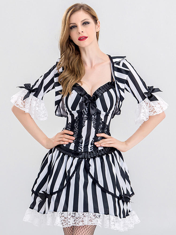 Halloween Sexy Vampire Cosplay Costume Women Striped Lace Patchw