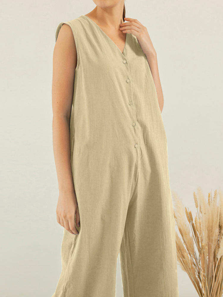Women Sleeveless V Nneck Button Casual Solid Color Jumpsuit Over