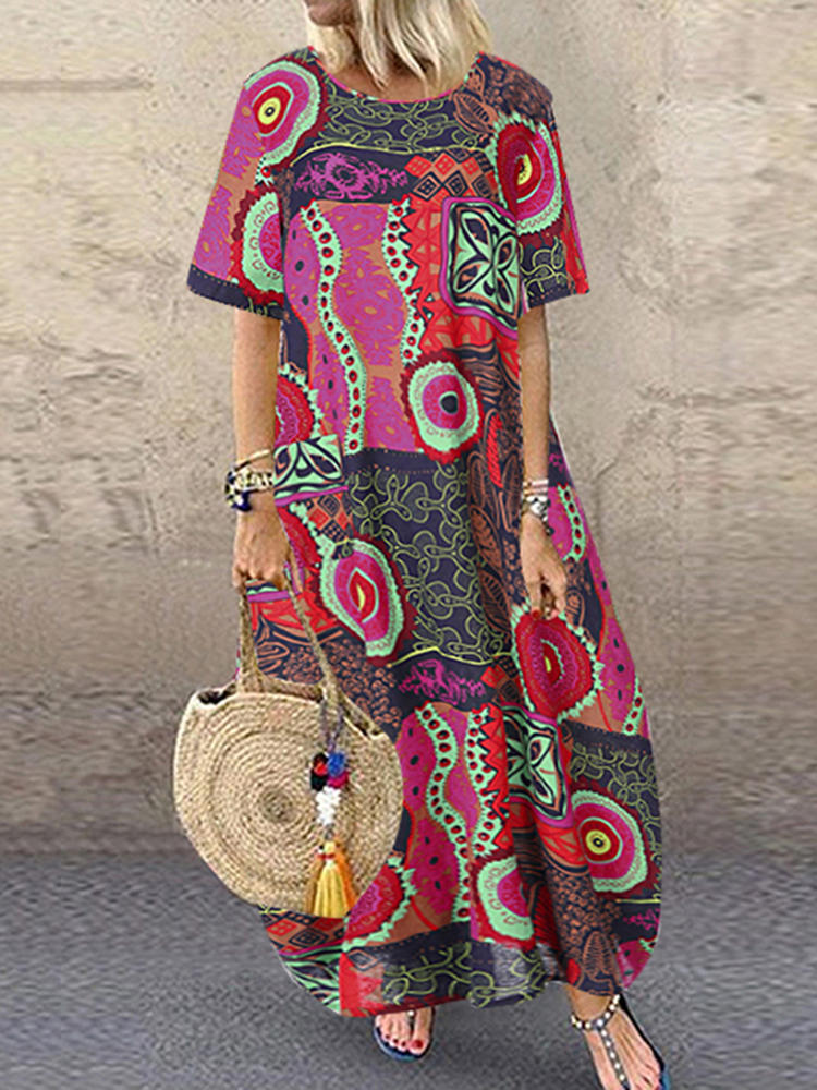Women Loose Short Sleeve O-Neck Side Pockets Printed Dress