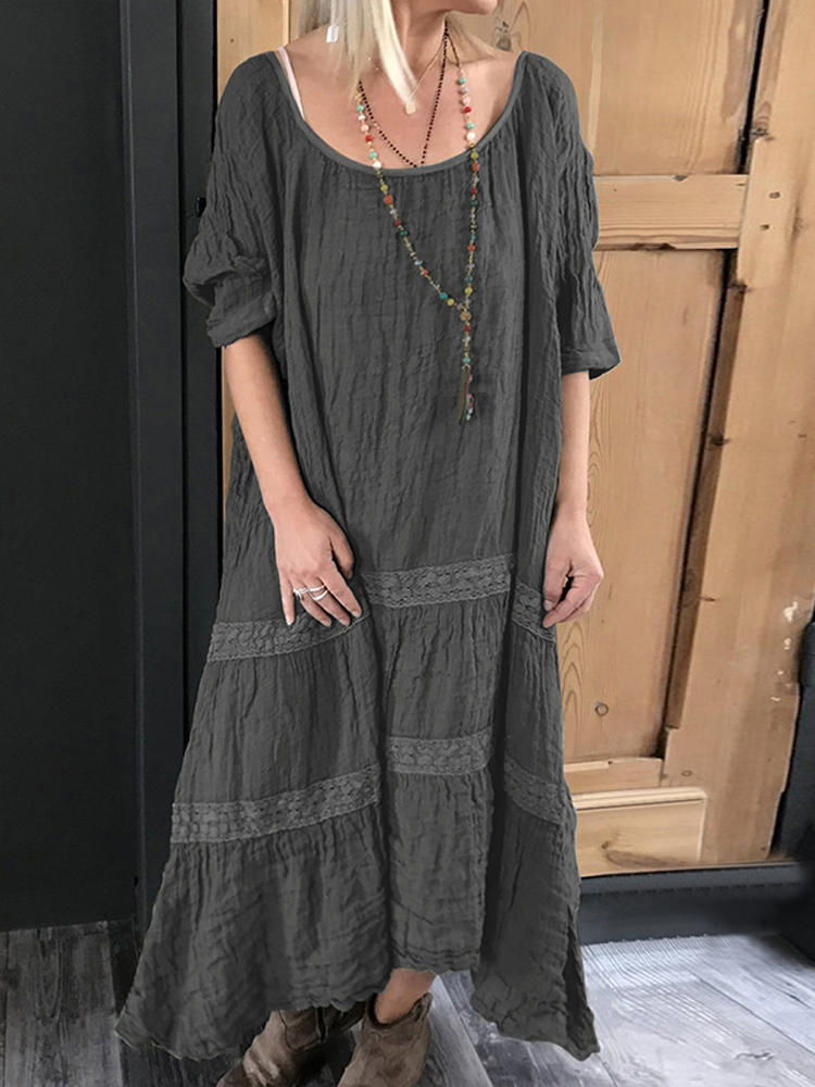 Women Solid Loose Casual Round Neck Long Maxi Dress