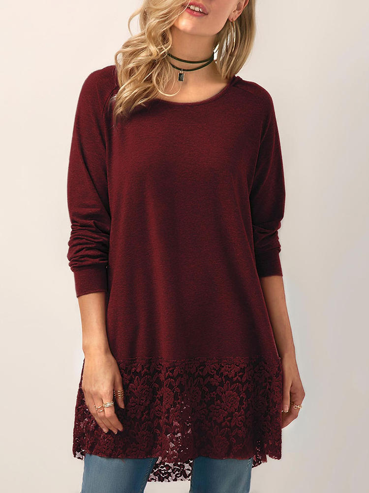 Women Solid Color Hollow Lace Patchwork Crew Neck Long Sleeve Bl