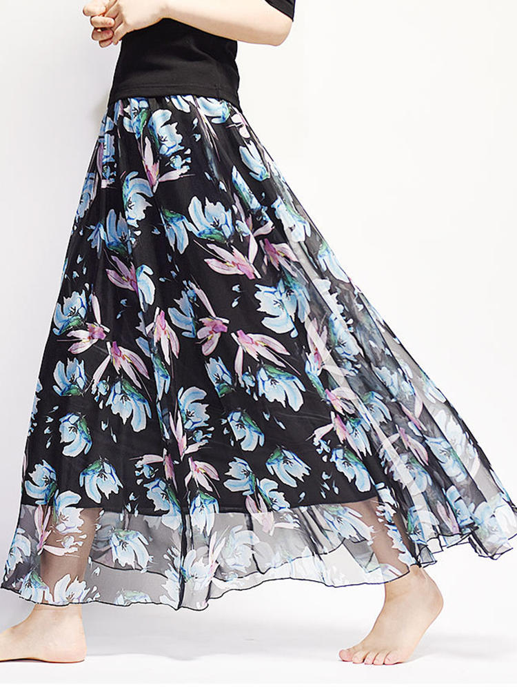 Chiffon Floral Printed Elastic Waist Bohemian Maxi Skirts For Wo