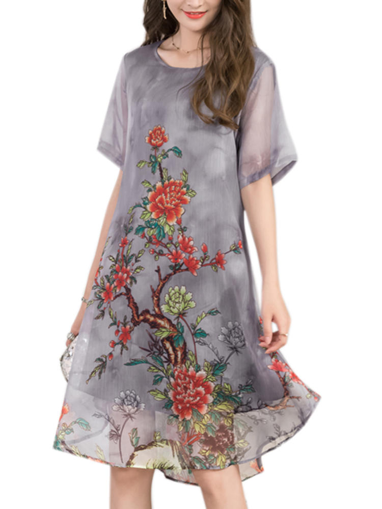Women Short Sleeve Layered Chiffon Floral Dress