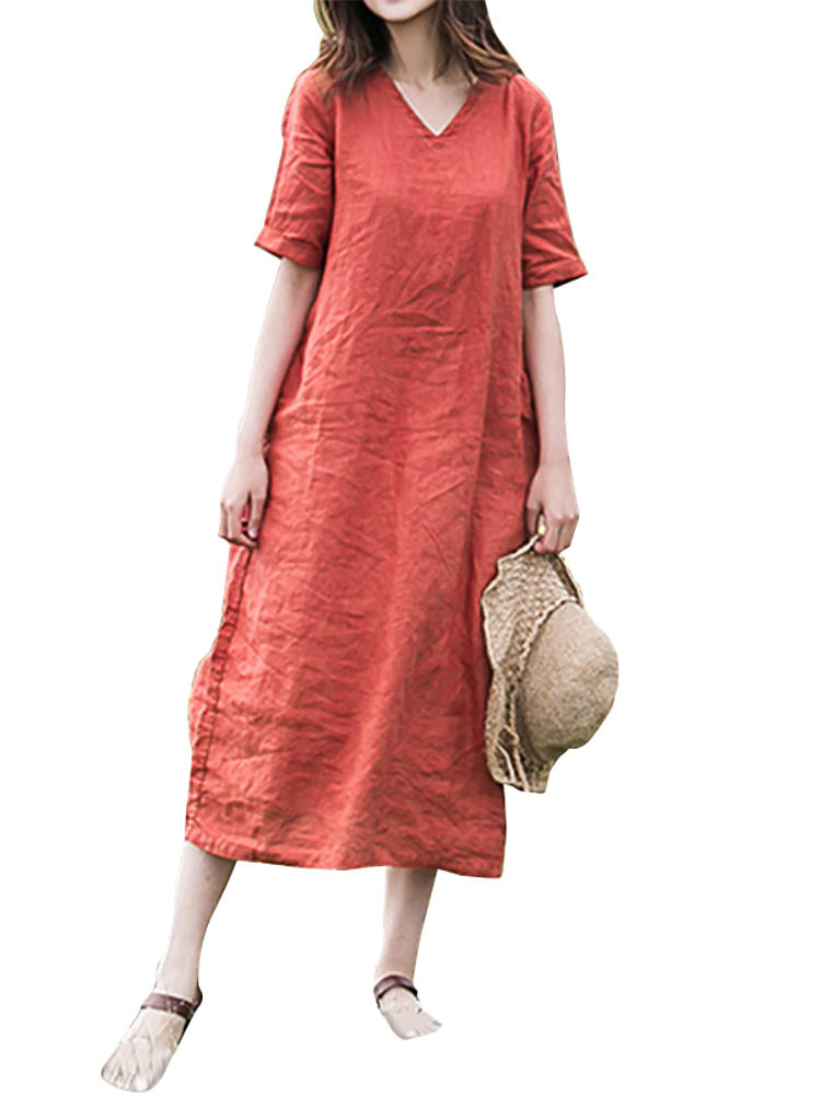 Women Casual Cotton Loose Bandage Midi Dress