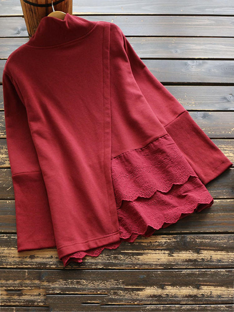 Vintage Lace Patchwork O-neck Long Sleeve Hoodies Blouse