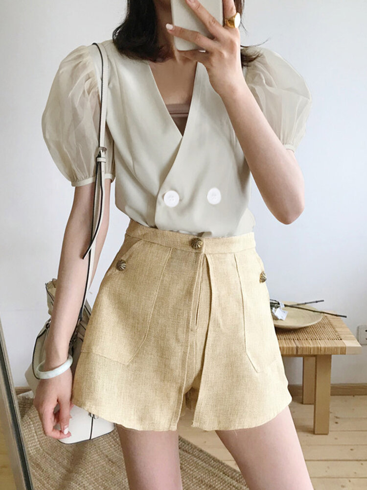 Women V-neck Mesh Lantern Sleeve Patchwork Double Breasted Suit