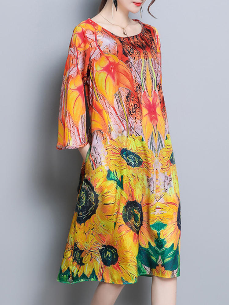 Elegant Floral Printed O-neck 3/4 Sleeve Silk Dresses