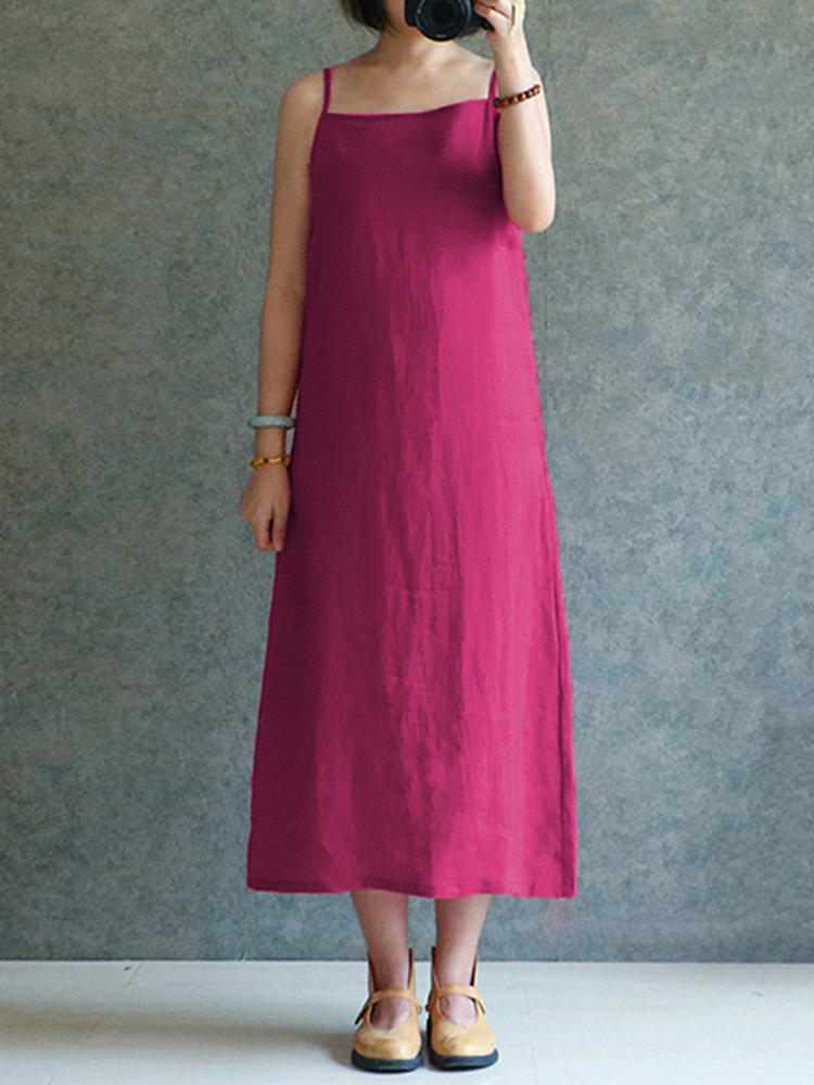 Celmia Women Vintage Spaghetti Strap Loose Maxi Dress