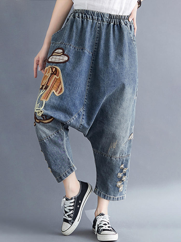 Casual High Elastic Waist Cartoon Embroidery Denim Jeans