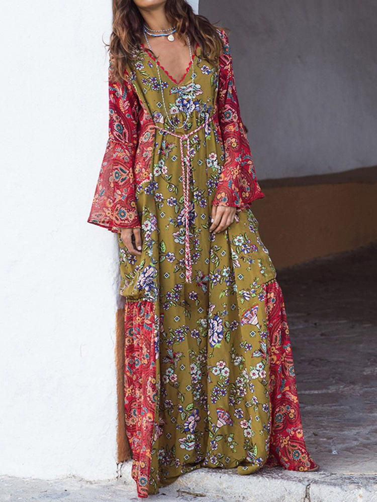 Bohemian Ethnic Floral Print V-neck Long Maxi Dress For Women