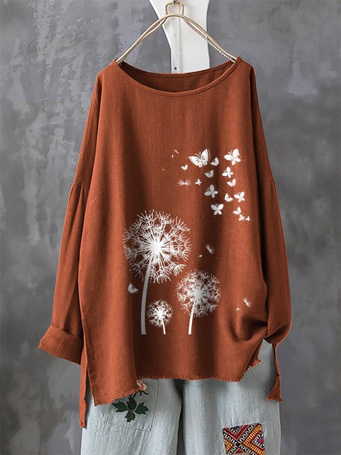 Casual Print Butterfly Flower Cew Neck Long Sleeve T-Shirts