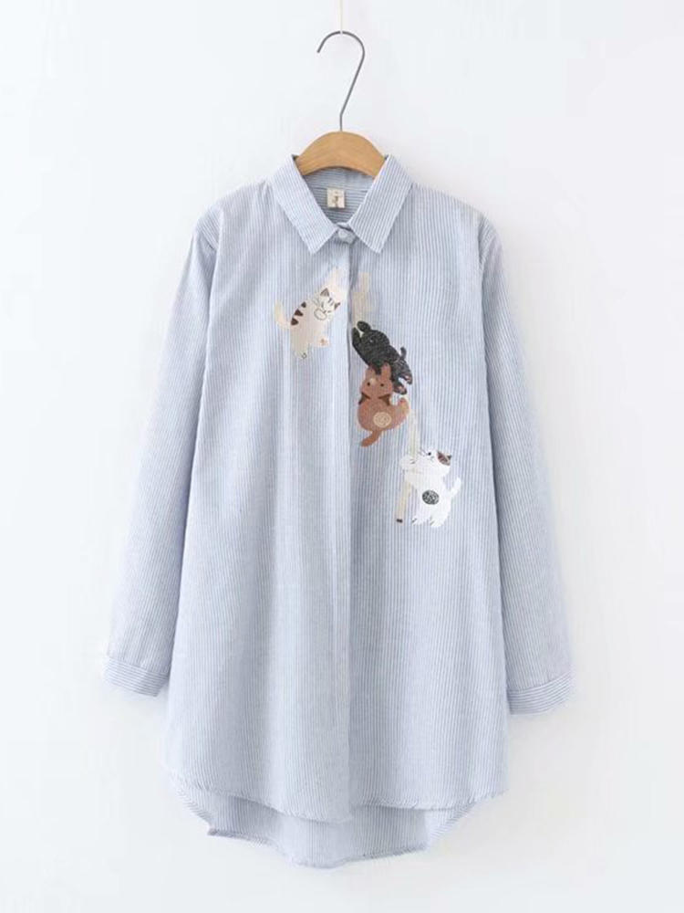 Casual Women Stripe Turn Down Collar Long Sleeve Blouse