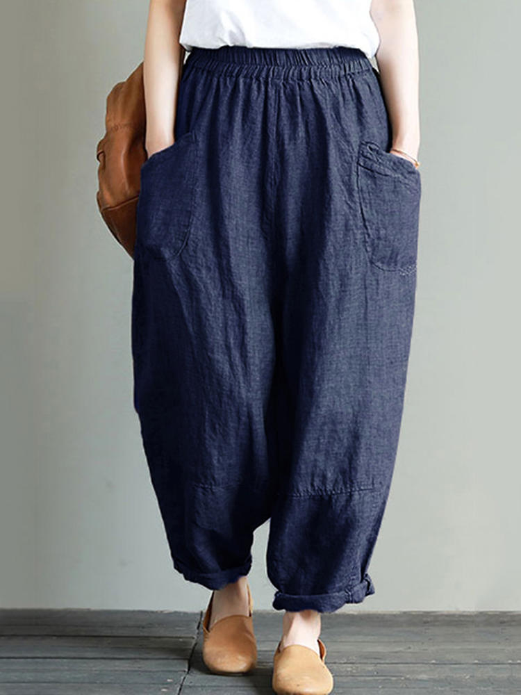 Vintage Solid Color Elastic Waist Pockets Loose Plus Size Pants