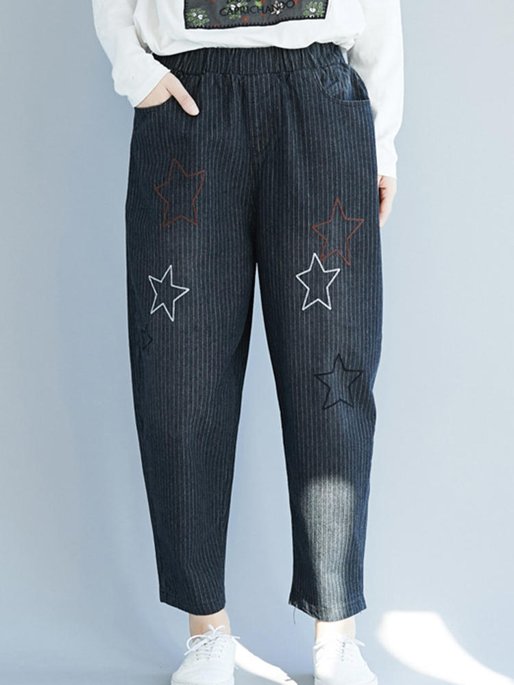 Casual Star Embroidery Stripe Elastic Waist Pants With Pockets