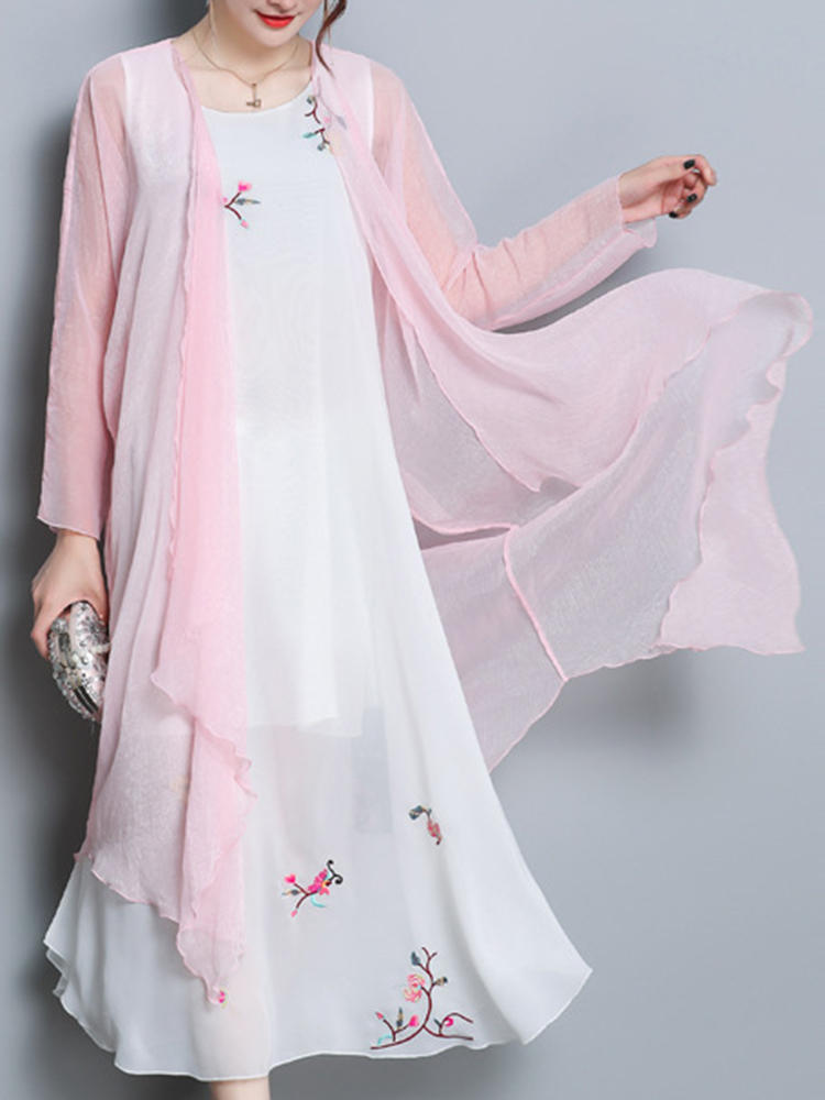 Vintage Floral Embroidery Fake Two Pieces Loose Hem Dresses