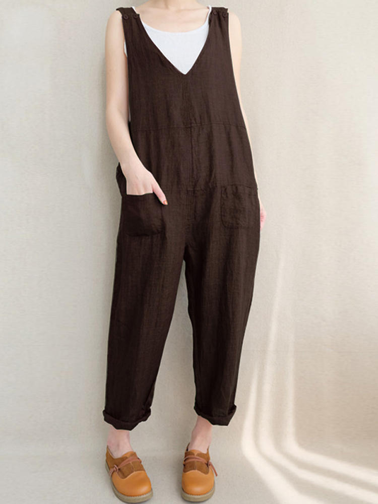 Women Casual Sleeveless V-neck Loose Stripe Jumpsuit