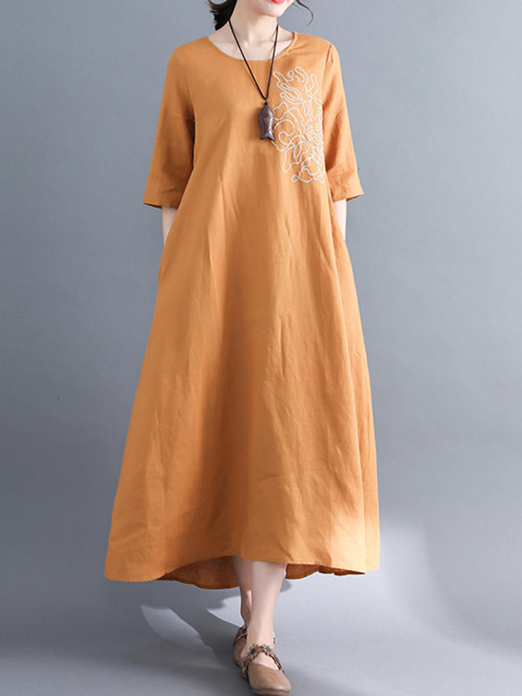 Casual Women Pure Color O-Neck Pocket Baggy Cotton Dress