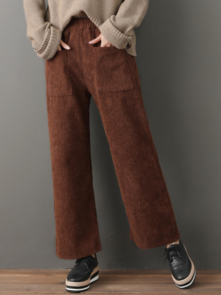 Women Elastic Waist Front Pockets Corduroy Wide Leg Pants