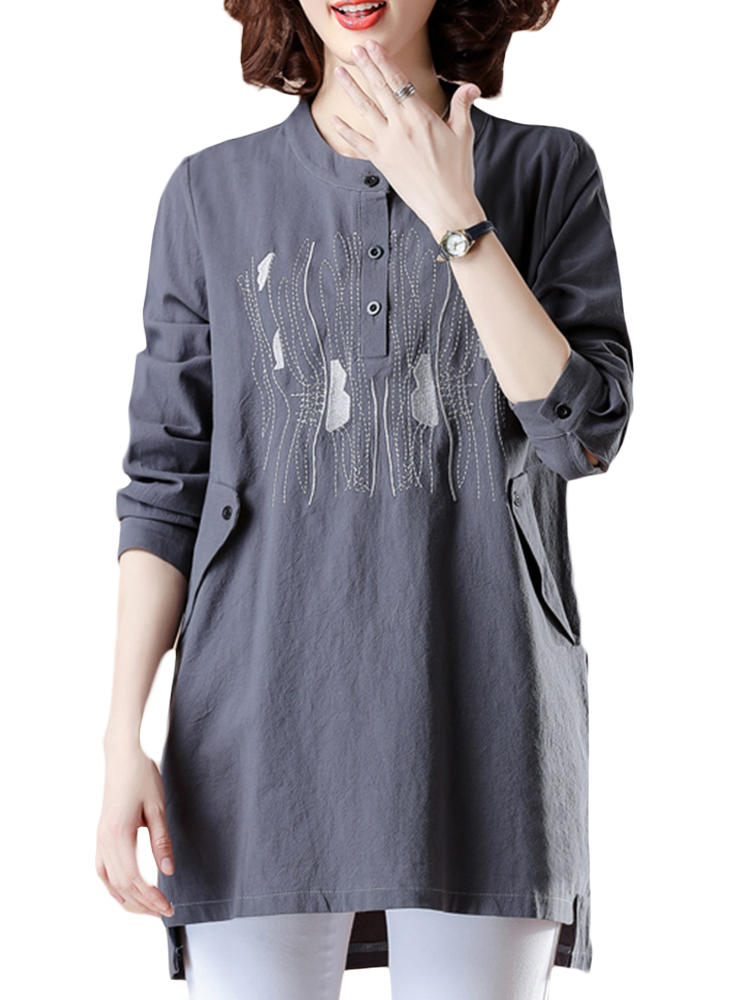 Linen Embroidery Long Sleeve Button Neck Blouse