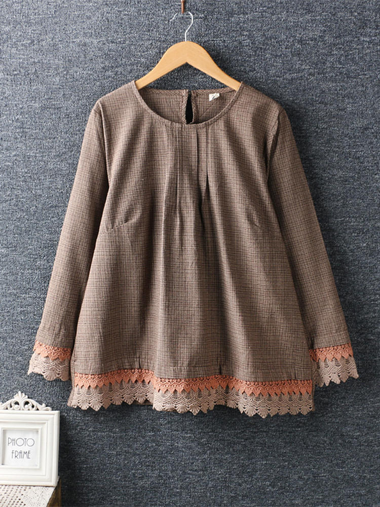 Women Long Sleeve Lace Patchwork Loose Hem Plaid Blouses