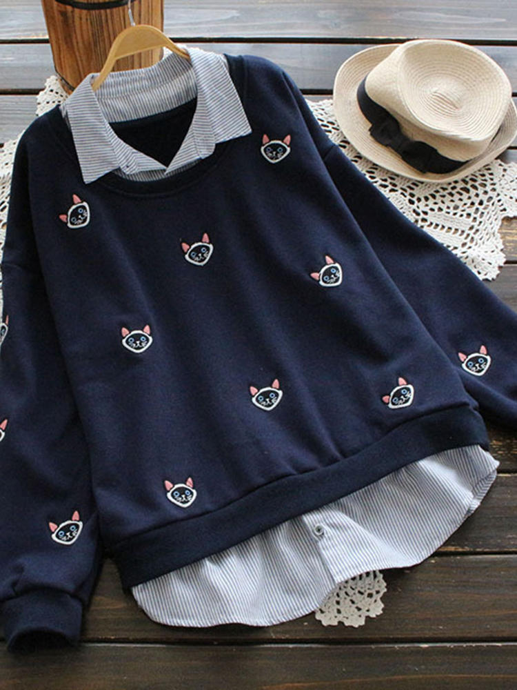 Casual Loose Cat Embroidery Fake Two Pieces Women Blouses