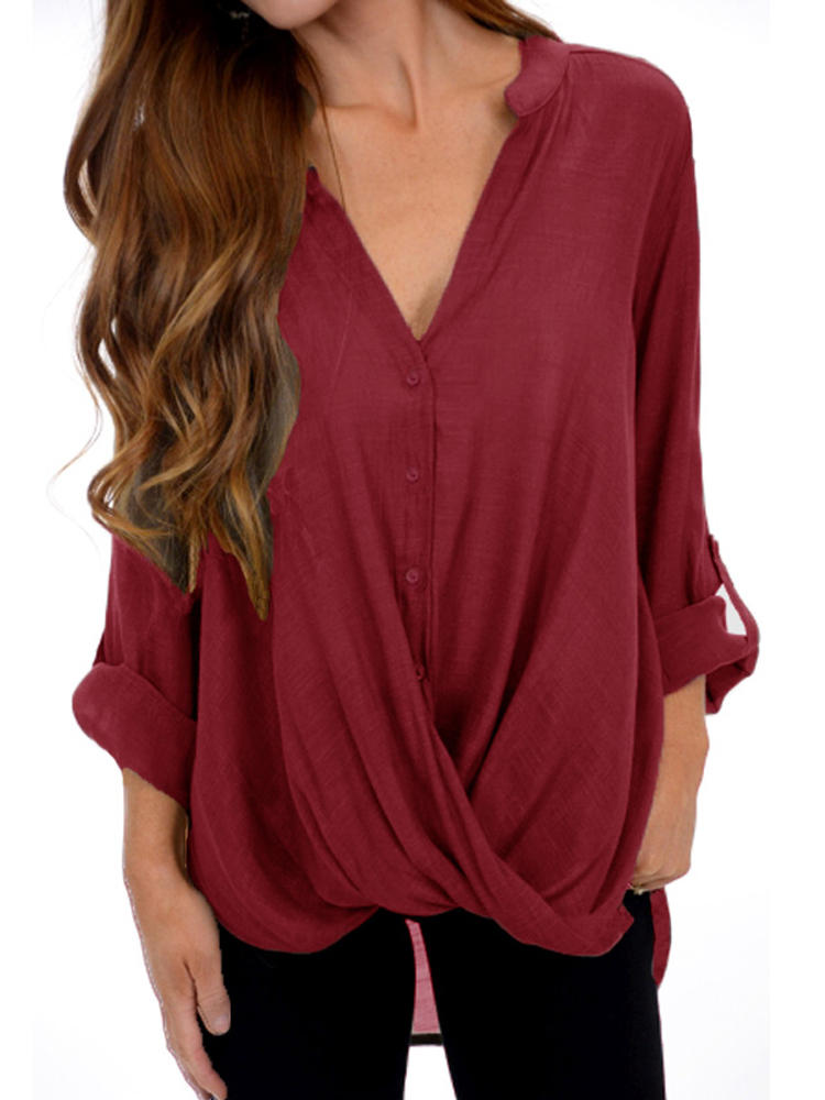 Women Long Sleeve Asymmetrical Hem Adjustable V-neck Buttons Loo