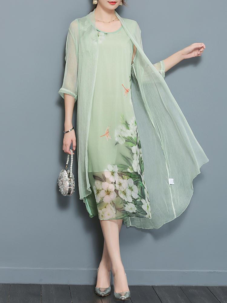 Chinese Style Silk Floral Print Two Pieces Set Vintage Dresses