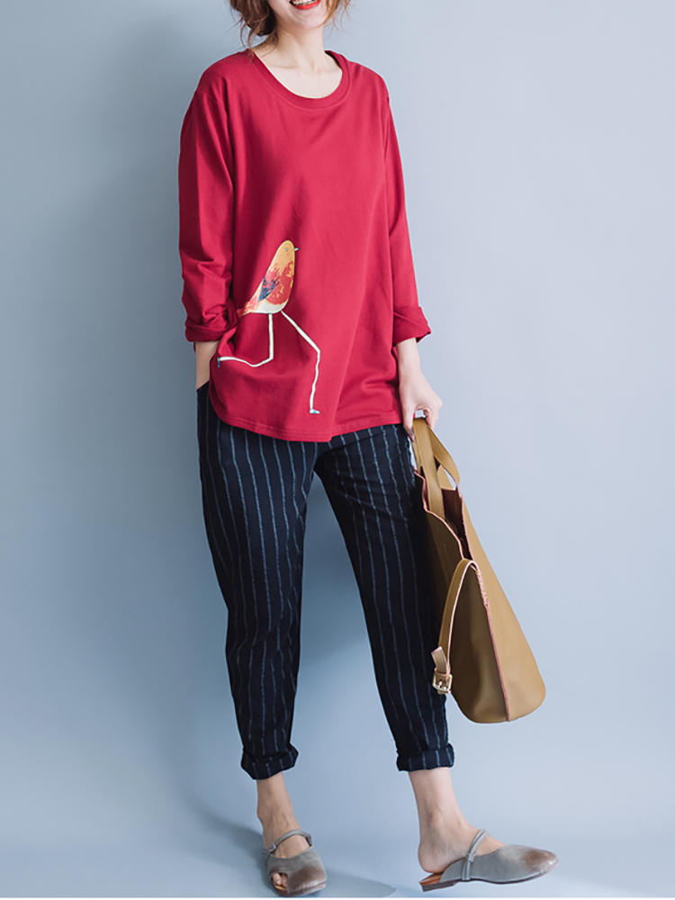 Casual Birds Printed O-Neck Long Sleeve Blouse For Women