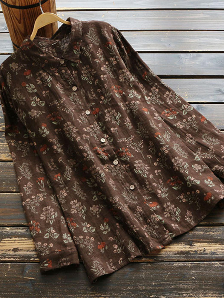 Floral Print Buttons Turn-Down Collar Long Sleeve Vintage Blouse