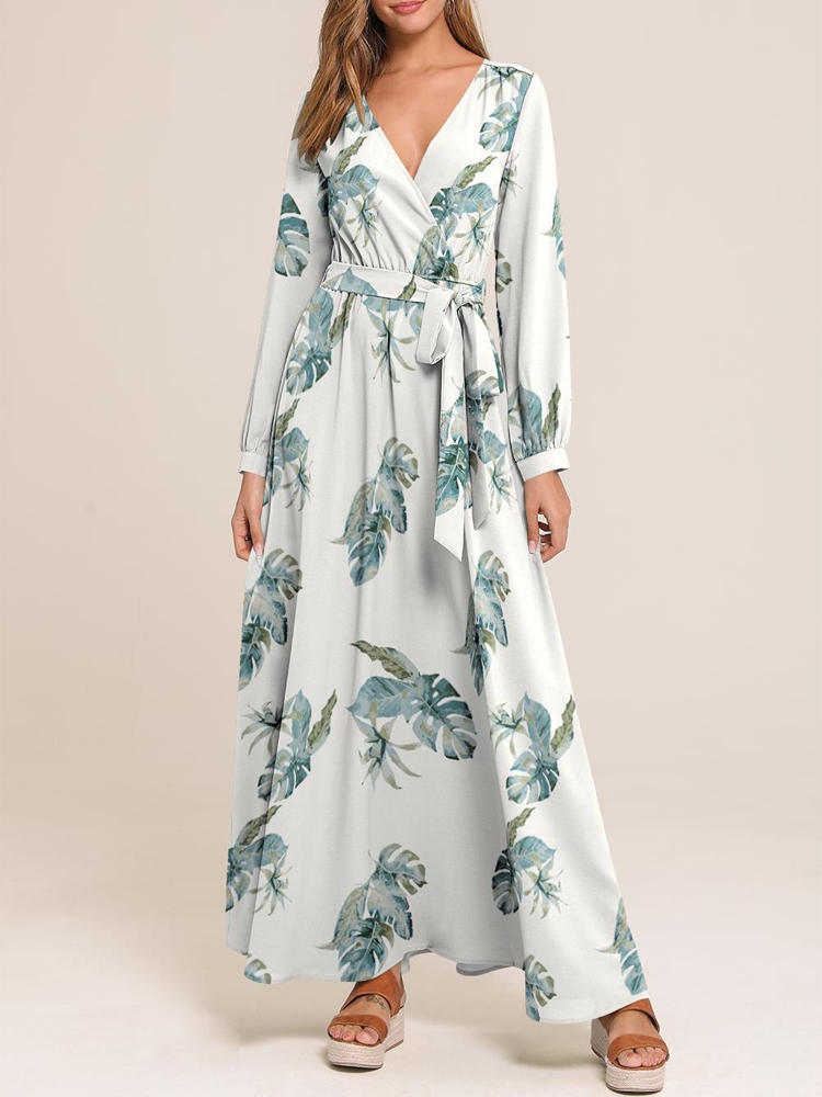 Women Causal V-neck Belted Long Sleeve Beach Holiday Maxi Dress