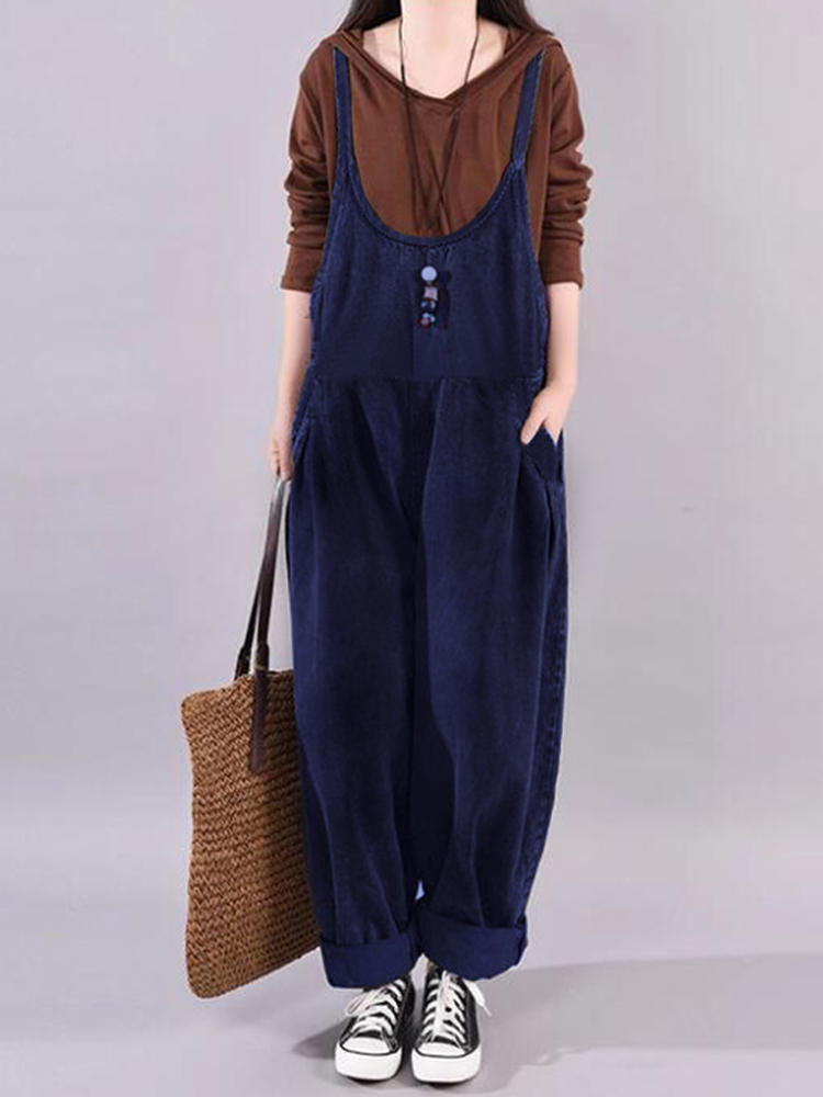 Women Sleeveless Straps Solid Jumpsuit Loose Pocket Overalls