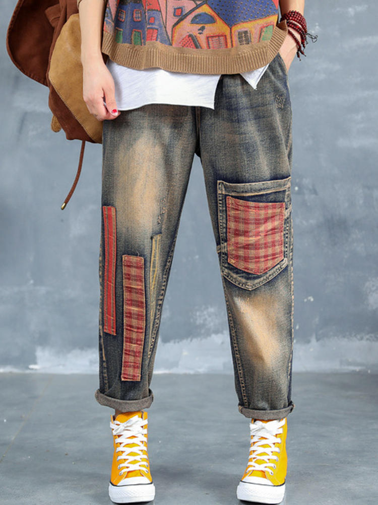 Plaid Patchwork Elastic Waist Ripped Jeans For Women
