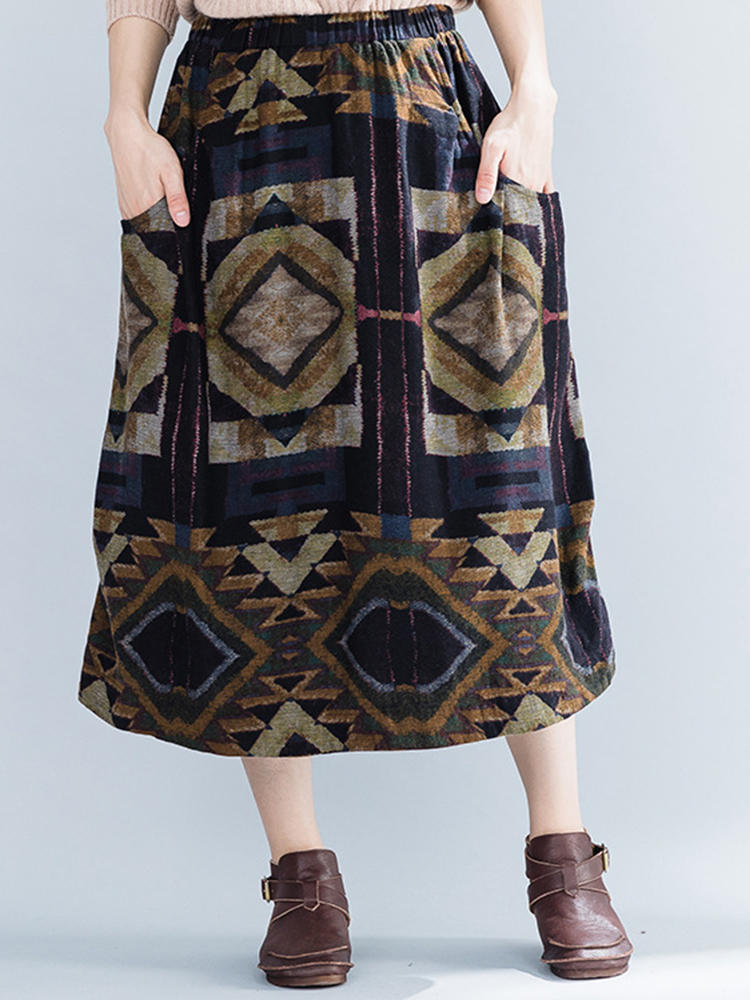 Ethnic Geometric Floral Printed Elastic Waist A-Line Vintage Ski