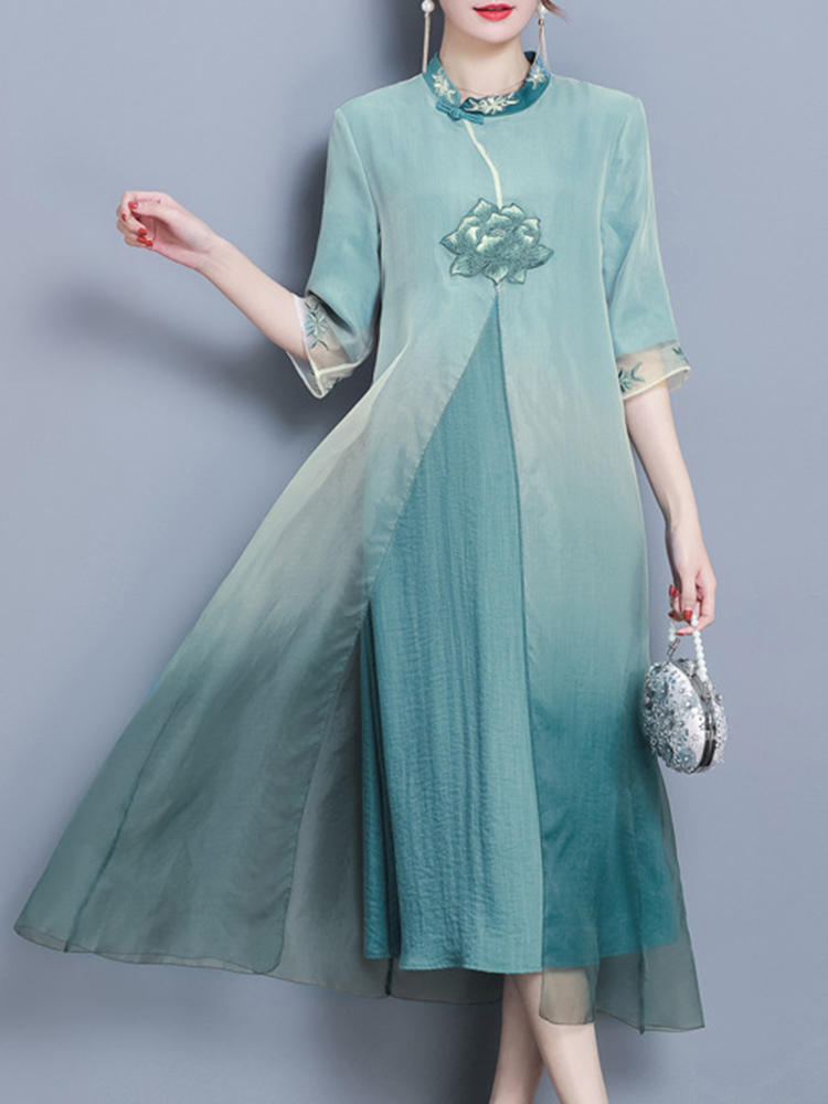 Vintage Embroidery Stand Collar Half Sleeve Dress
